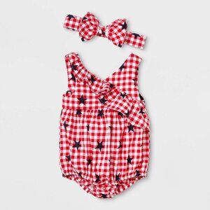 Baby Girls Red Gingham Star Print Sleeveless Romper W/ Matching Bow By Cat & Jac